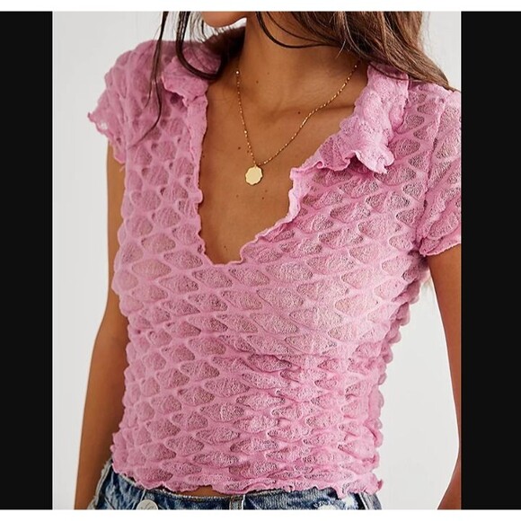 Free People Molly Tee Textured Pink Crop Polyester Stretch XS - Picture 1 of 5